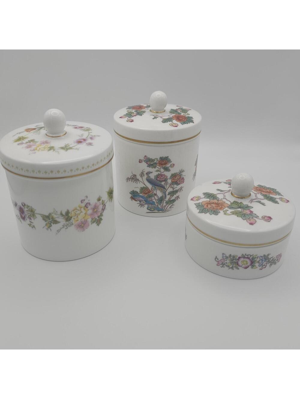 Vintage Wedgwood Vanity Jars Set: Kutani Crane & Mirabelle Bone China Containers